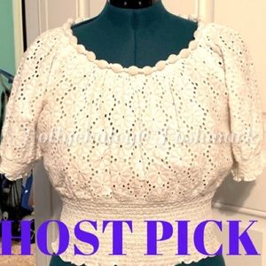 Ryu: Floral Eyelet Smocked top with neck detail